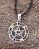 Anhänger 418 Pentagramm mit Chakra Steinen - Silber