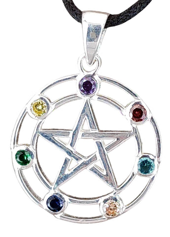 Anhänger 418 Pentagramm mit Chakra Steinen - Silber
