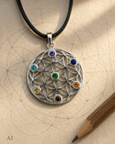 Anhänger 420 Blume des Lebens mit Chakra Steinen - Silber