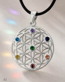 Anhänger 420 Blume des Lebens mit Chakra Steinen - Silber