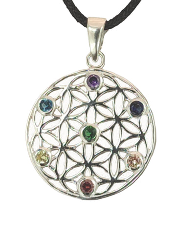 Anhänger 420 Blume des Lebens mit Chakra Steinen - Silber