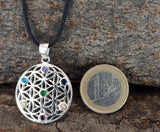 Anhänger 420 Blume des Lebens mit Chakra Steinen - Silber